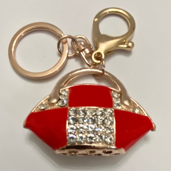2-Way Red-White Enamel on Metal Handbag Charm- Key Chain - Picture 1 of 8